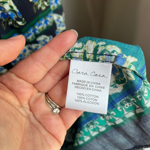 Cara Cara Jazzy Blue Green Print Puff Sleeve Smocked Cotton Midi Dress Sz S - Picture 12 of 13